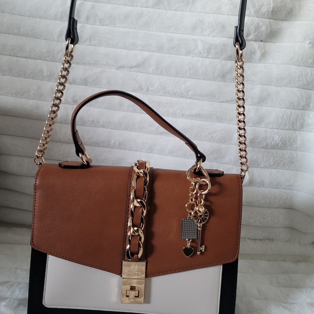 NWOT- Aldo CAILLA Brown and White Crossbody Bag with Gold Accents - Picture 2 of 6